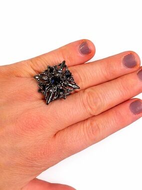 Black Rhinestone Statement Ring Gunmetal Silver Adjustable Gothic Cocktail Ring